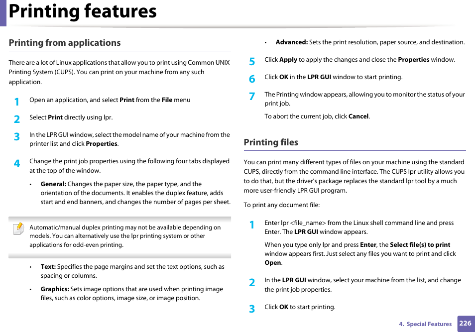Printing features, Printing from applications, Printing files | Samsung SCX-4729FW-XAA User Manual | Page 226 / 317