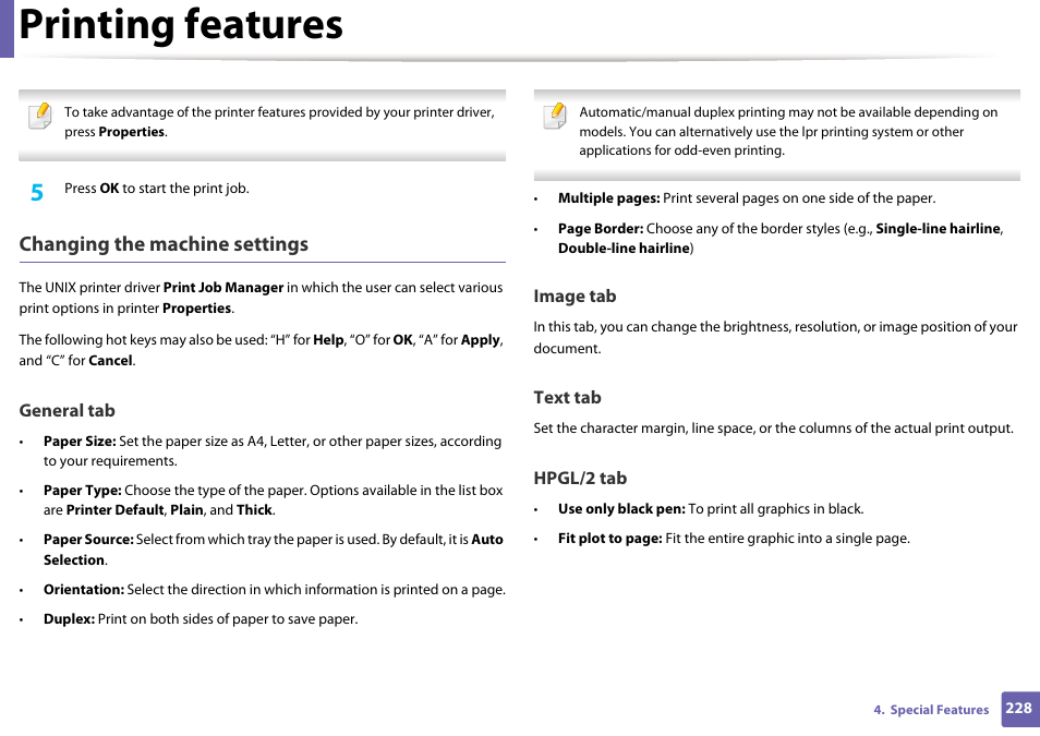 Printing features, Changing the machine settings | Samsung SCX-4729FW-XAA User Manual | Page 228 / 317