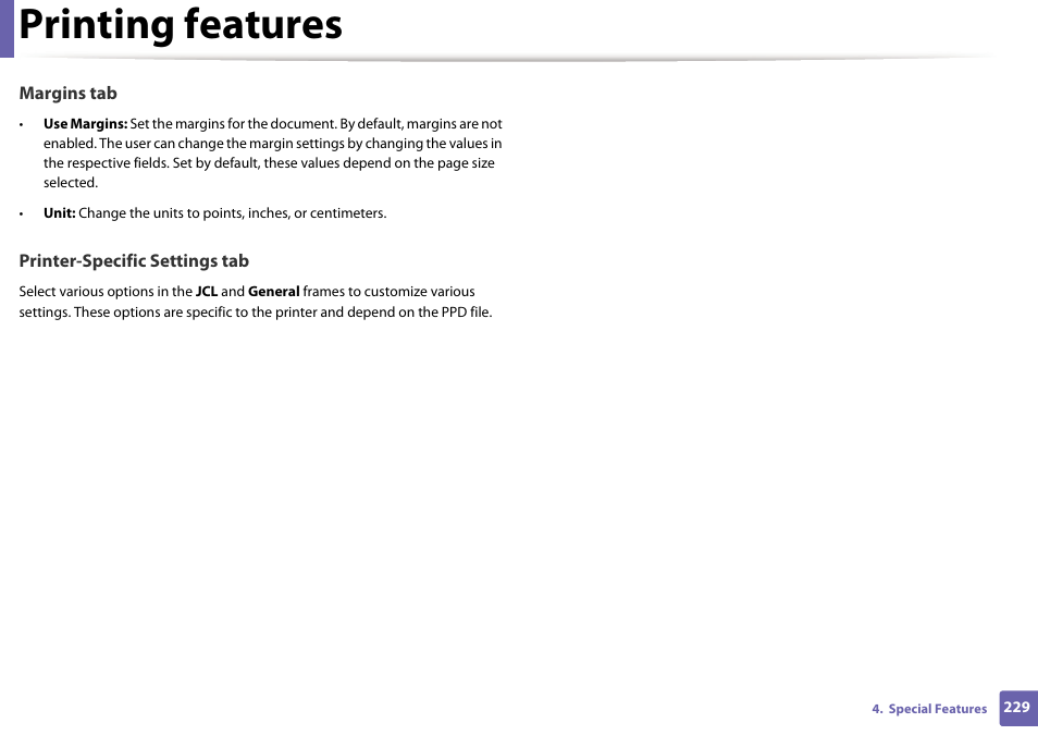 Printing features | Samsung SCX-4729FW-XAA User Manual | Page 229 / 317