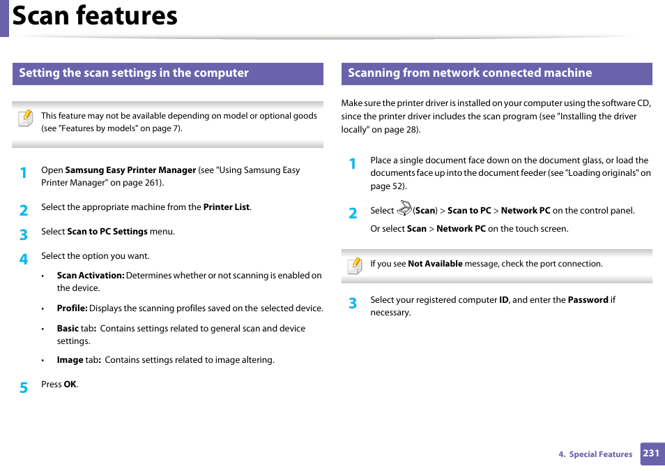 Scan features, Setting the scan settings in the computer, Scanning from network connected machine | Samsung SCX-4729FW-XAA User Manual | Page 231 / 317