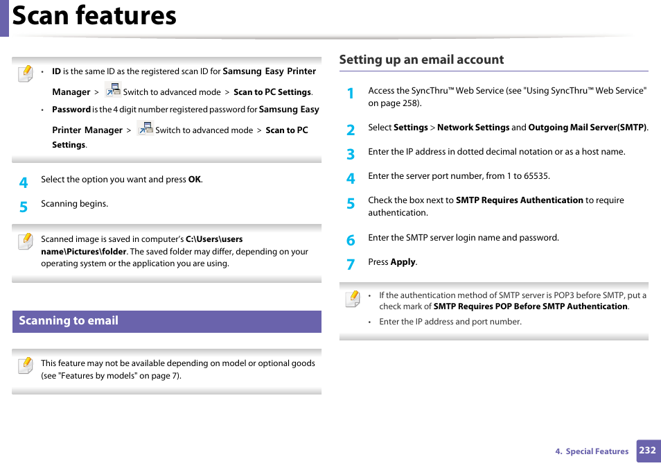 Scan features, Setting up an email account, Scanning to email | Samsung SCX-4729FW-XAA User Manual | Page 232 / 317