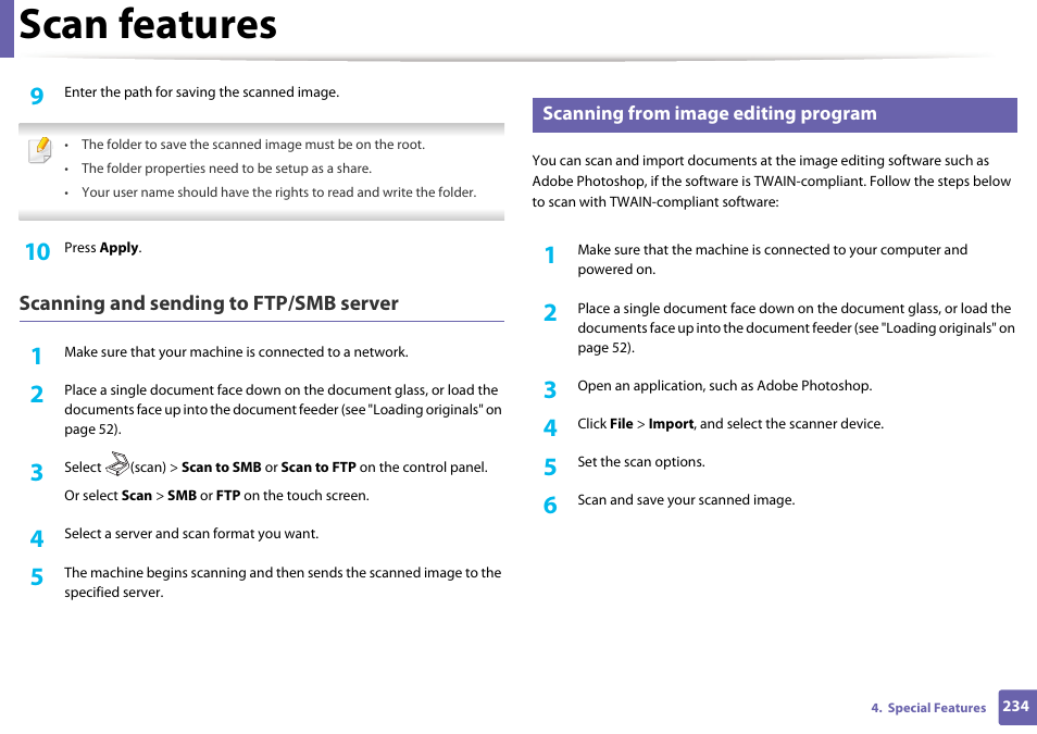 Scan features | Samsung SCX-4729FW-XAA User Manual | Page 234 / 317