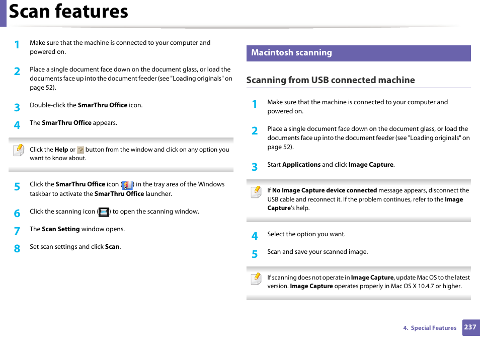 Scan features, Scanning from usb connected machine | Samsung SCX-4729FW-XAA User Manual | Page 237 / 317