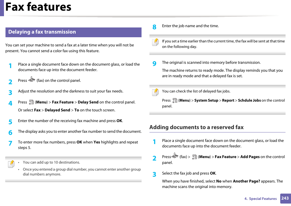 Fax features, Adding documents to a reserved fax, Delaying a fax transmission | Samsung SCX-4729FW-XAA User Manual | Page 243 / 317