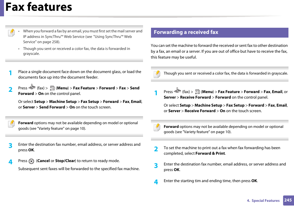 Fax features, Forwarding a received fax | Samsung SCX-4729FW-XAA User Manual | Page 245 / 317
