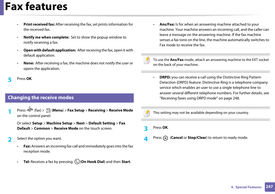 Fax features, Changing the receive modes | Samsung SCX-4729FW-XAA User Manual | Page 247 / 317