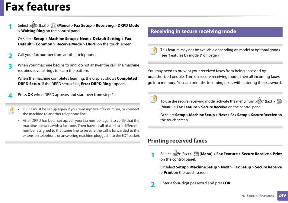 Fax features, Printing received faxes, Receiving in secure receiving mode | Samsung SCX-4729FW-XAA User Manual | Page 249 / 317