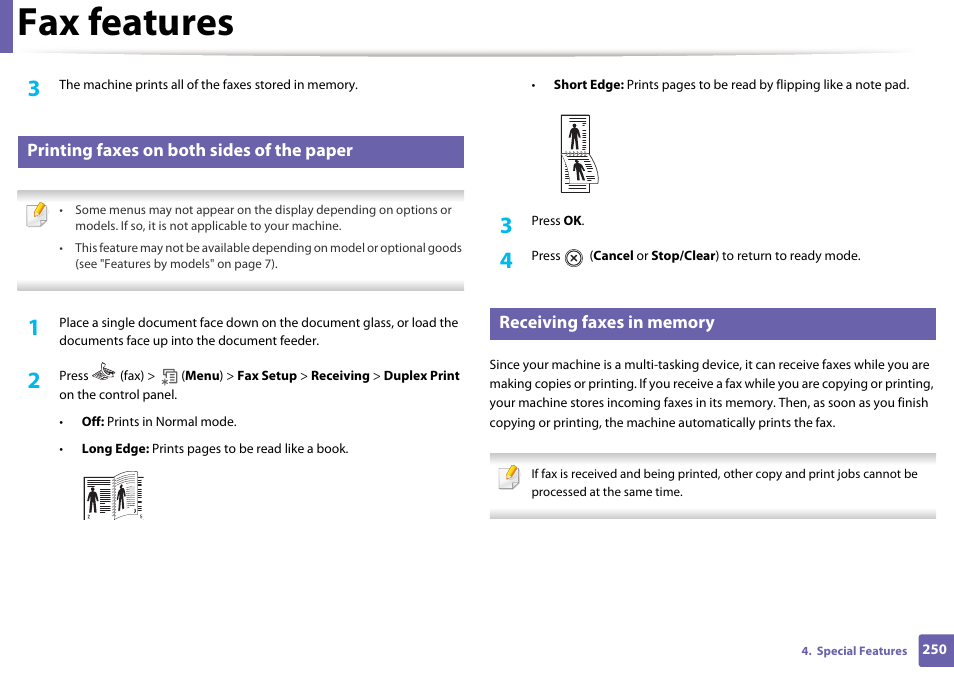Fax features, Printing faxes on both sides of the paper | Samsung SCX-4729FW-XAA User Manual | Page 250 / 317