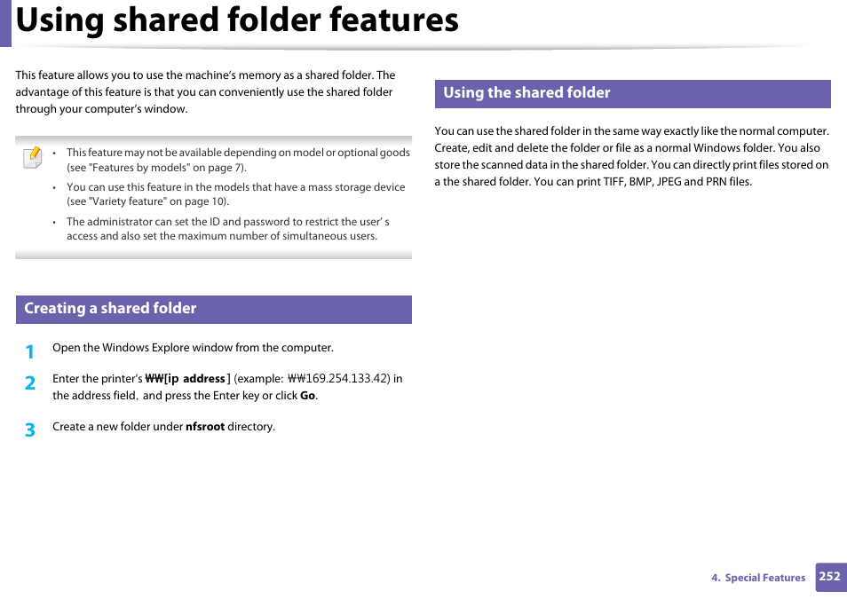 Using shared folder features, Creating a shared folder, Using the shared folder | Samsung SCX-4729FW-XAA User Manual | Page 252 / 317