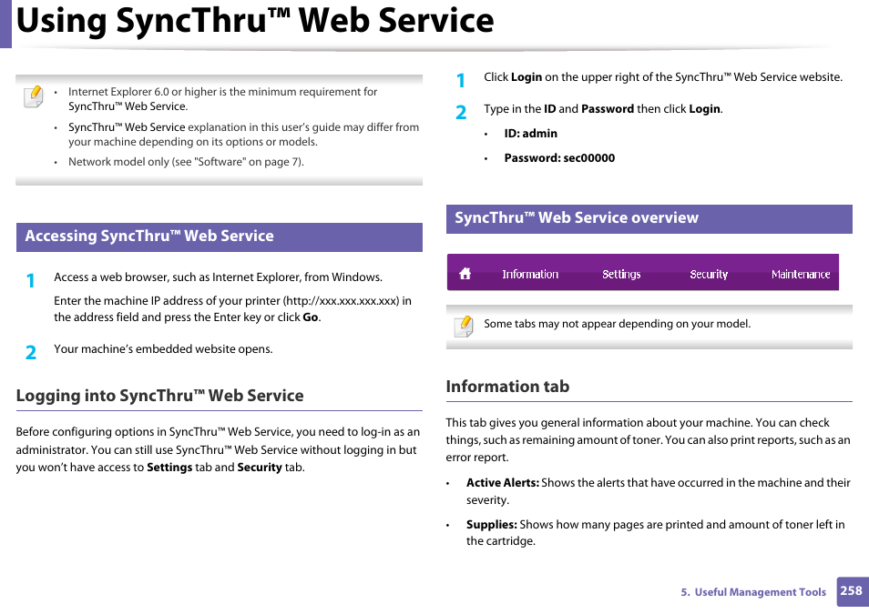 Using syncthru™ web service, Logging into syncthru™ web service, Information tab | Accessing syncthru™ web service, Syncthru™ web service overview | Samsung SCX-4729FW-XAA User Manual | Page 258 / 317