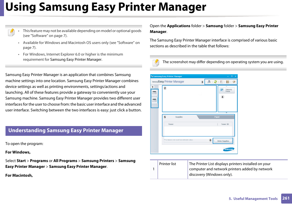 Using samsung easy printer manager, Understanding samsung easy printer manager | Samsung SCX-4729FW-XAA User Manual | Page 261 / 317