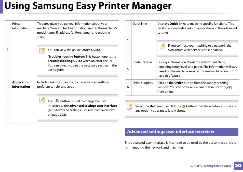 Using samsung easy printer manager, Advanced settings user interface overview | Samsung SCX-4729FW-XAA User Manual | Page 262 / 317