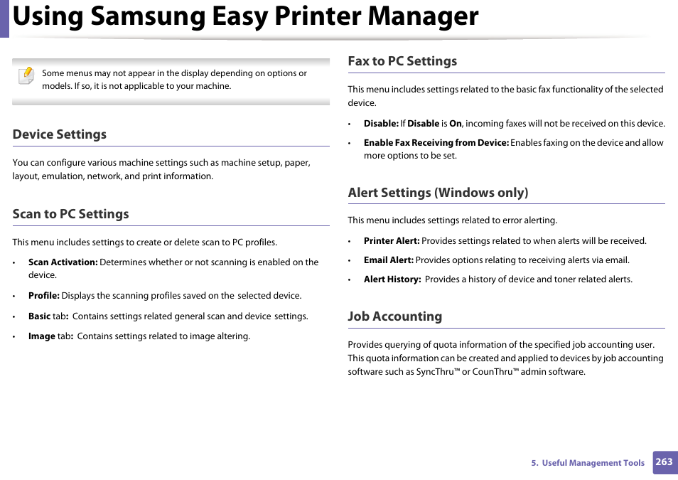 Using samsung easy printer manager, Device settings, Scan to pc settings | Fax to pc settings, Alert settings (windows only), Job accounting | Samsung SCX-4729FW-XAA User Manual | Page 263 / 317