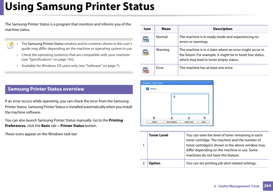 Using samsung printer status, Samsung printer status overview | Samsung SCX-4729FW-XAA User Manual | Page 264 / 317