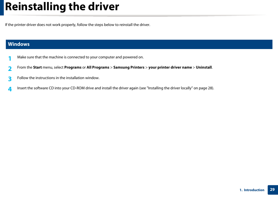 Reinstalling the driver | Samsung SCX-4729FW-XAA User Manual | Page 29 / 317