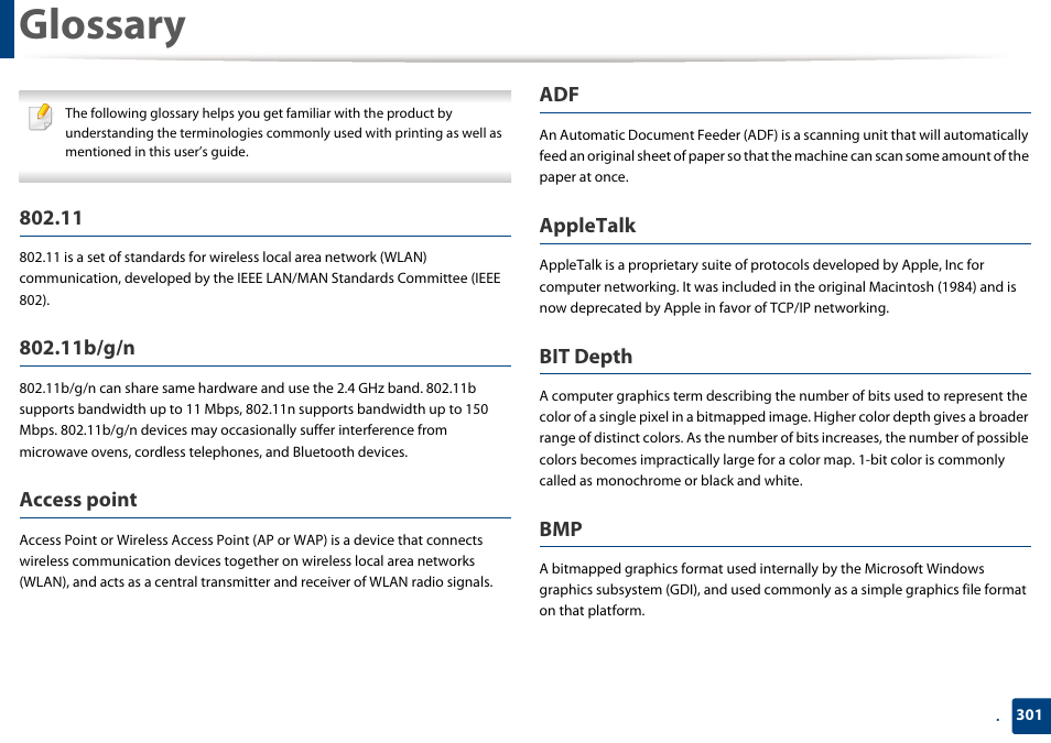 Glossary, 11b/g/n, Access point | Appletalk, Bit depth | Samsung SCX-4729FW-XAA User Manual | Page 301 / 317