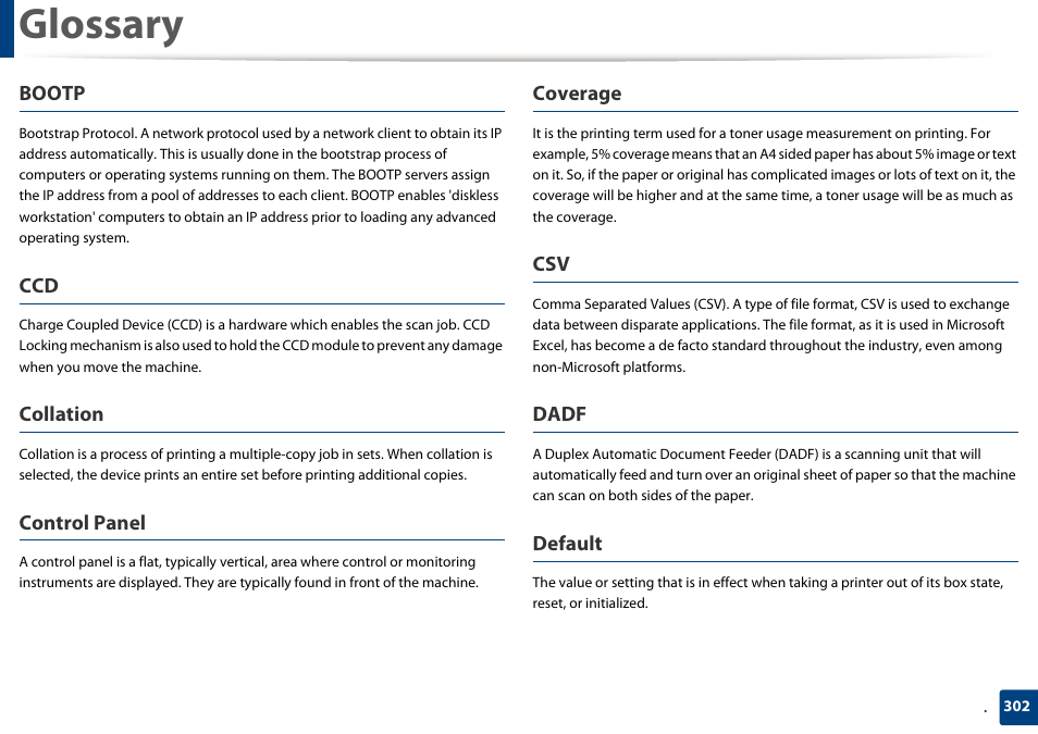 Glossary, Bootp, Collation | Control panel, Coverage, Dadf, Default | Samsung SCX-4729FW-XAA User Manual | Page 302 / 317
