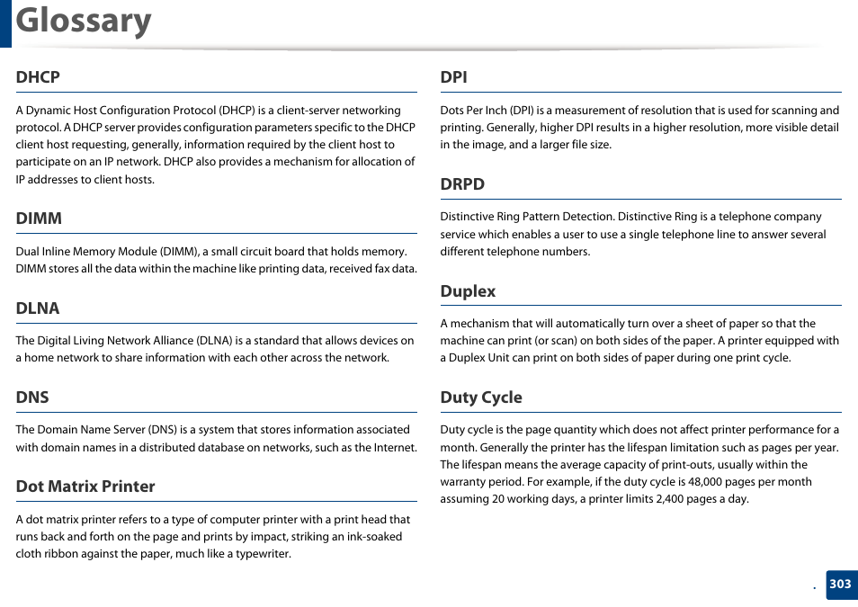 Glossary, Dhcp, Dimm | Dlna, Dot matrix printer, Drpd, Duplex, Duty cycle | Samsung SCX-4729FW-XAA User Manual | Page 303 / 317