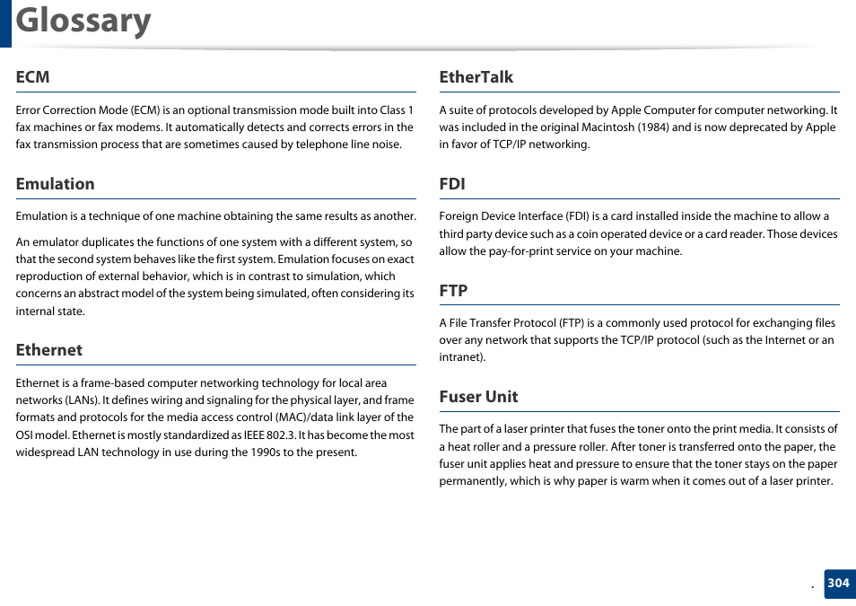 Glossary, Emulation, Ethernet | Ethertalk, Fuser unit | Samsung SCX-4729FW-XAA User Manual | Page 304 / 317