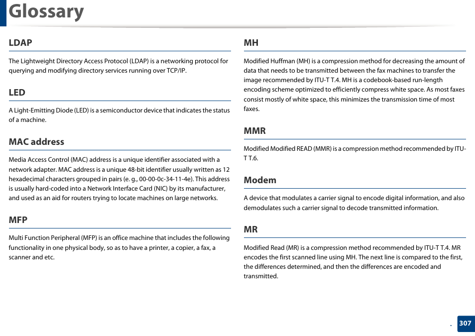 Glossary, Ldap, Mac address | Modem | Samsung SCX-4729FW-XAA User Manual | Page 307 / 317