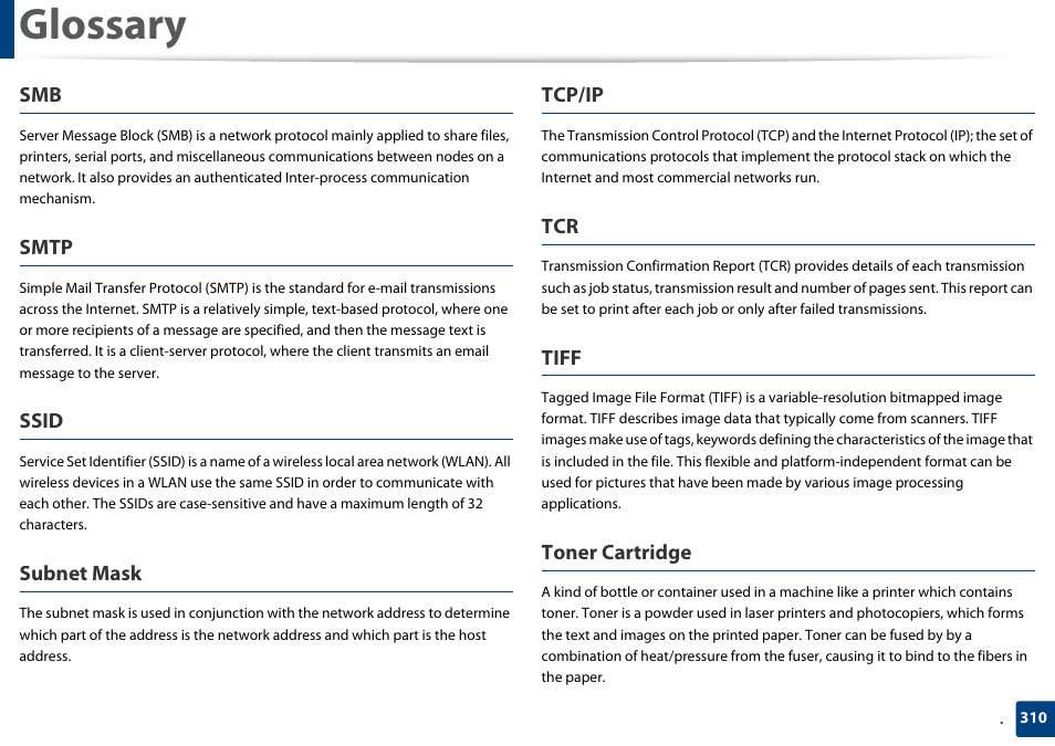 Glossary, Smtp, Ssid | Subnet mask, Tcp/ip, Tiff, Toner cartridge | Samsung SCX-4729FW-XAA User Manual | Page 310 / 317