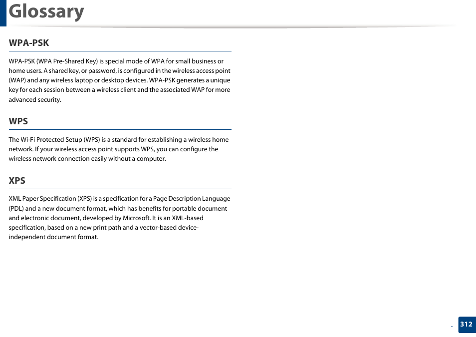 Glossary, Wpa-psk | Samsung SCX-4729FW-XAA User Manual | Page 312 / 317