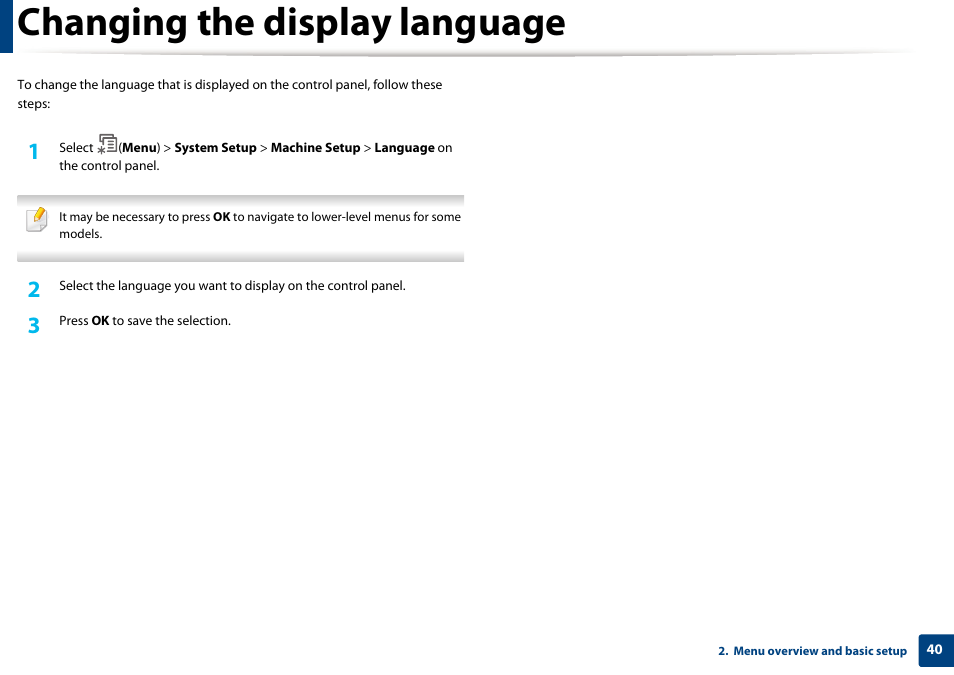 Changing the display language | Samsung SCX-4729FW-XAA User Manual | Page 40 / 317
