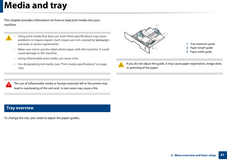 Media and tray, Tray overview | Samsung SCX-4729FW-XAA User Manual | Page 41 / 317