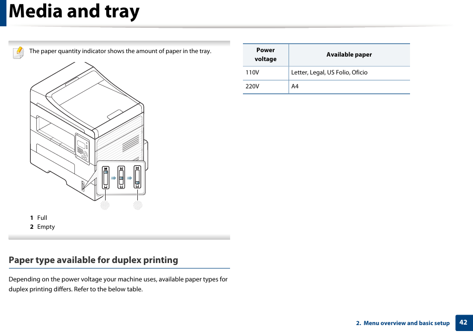 Media and tray, Paper type available for duplex printing | Samsung SCX-4729FW-XAA User Manual | Page 42 / 317