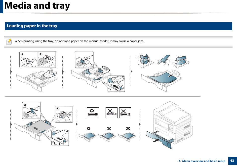 Media and tray, Loading paper in the tray | Samsung SCX-4729FW-XAA User Manual | Page 43 / 317
