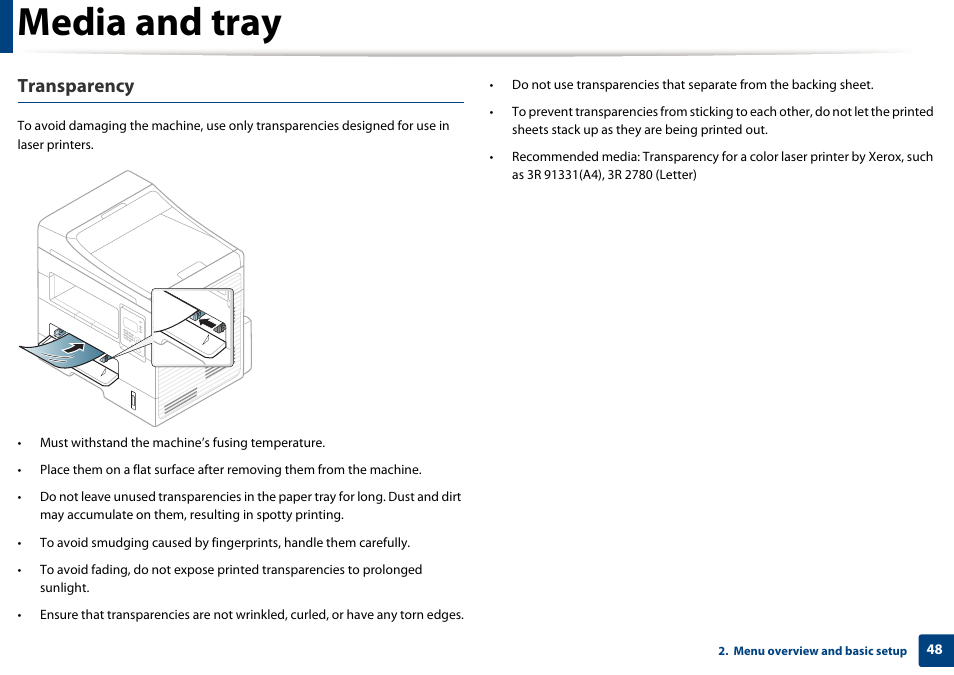Media and tray, Transparency | Samsung SCX-4729FW-XAA User Manual | Page 48 / 317