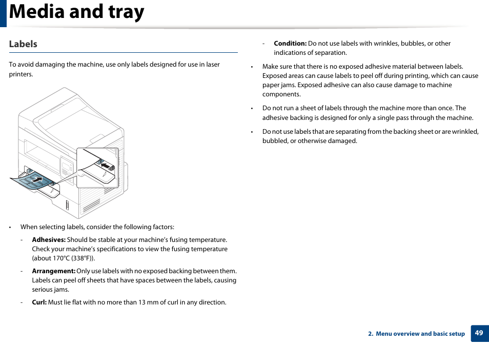 Media and tray, Labels | Samsung SCX-4729FW-XAA User Manual | Page 49 / 317
