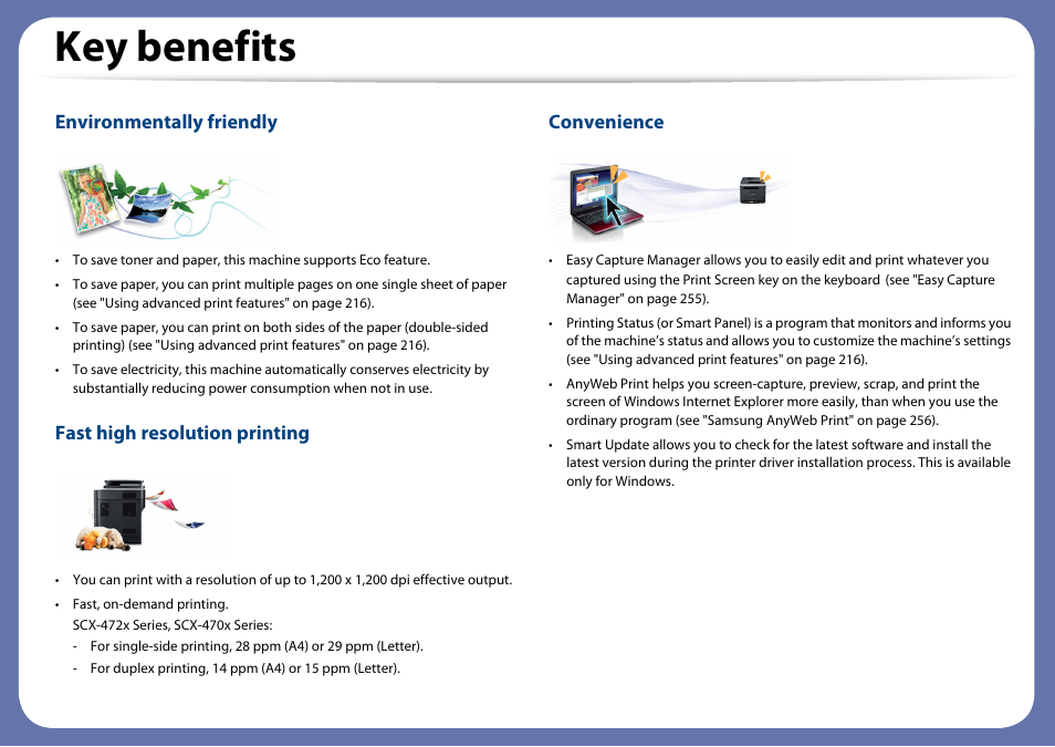 Key benefits, Environmentally friendly, Fast high resolution printing | Convenience | Samsung SCX-4729FW-XAA User Manual | Page 5 / 317