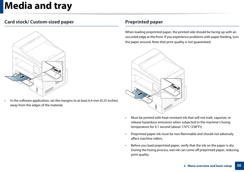 Media and tray, Card stock/ custom-sized paper, Preprinted paper | Samsung SCX-4729FW-XAA User Manual | Page 50 / 317