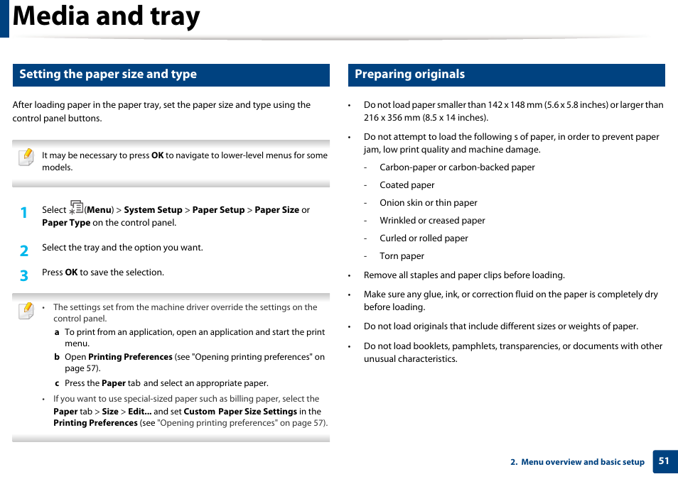 Media and tray, Setting the paper size and type, Preparing originals | Samsung SCX-4729FW-XAA User Manual | Page 51 / 317