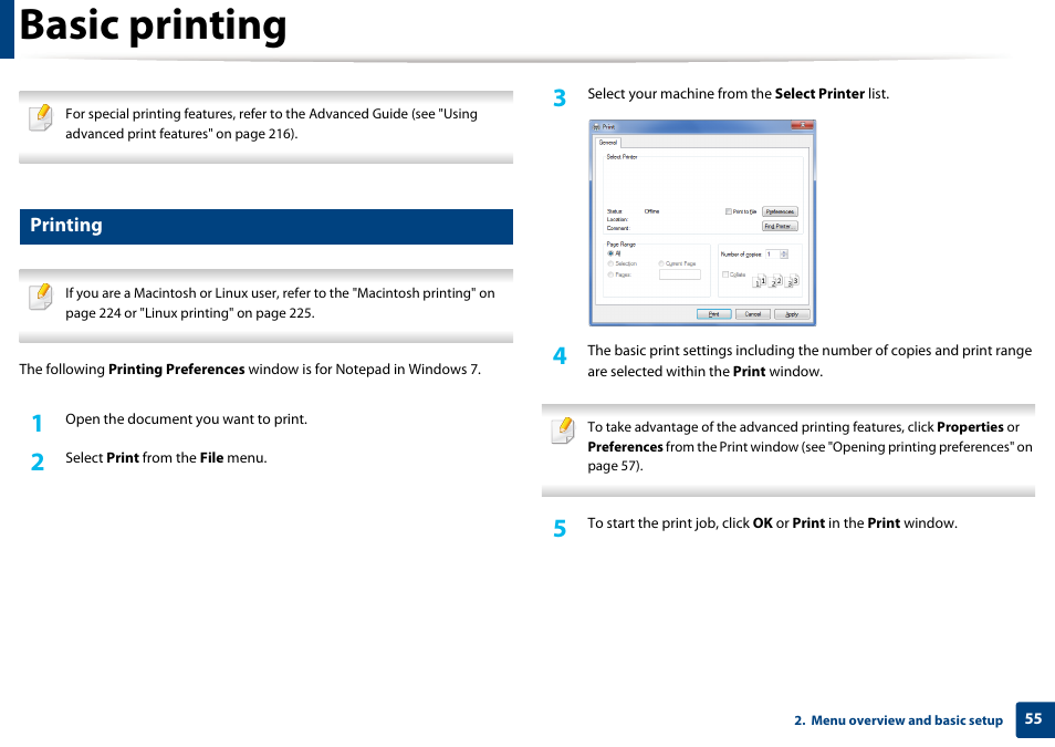 Basic printing, Printing | Samsung SCX-4729FW-XAA User Manual | Page 55 / 317