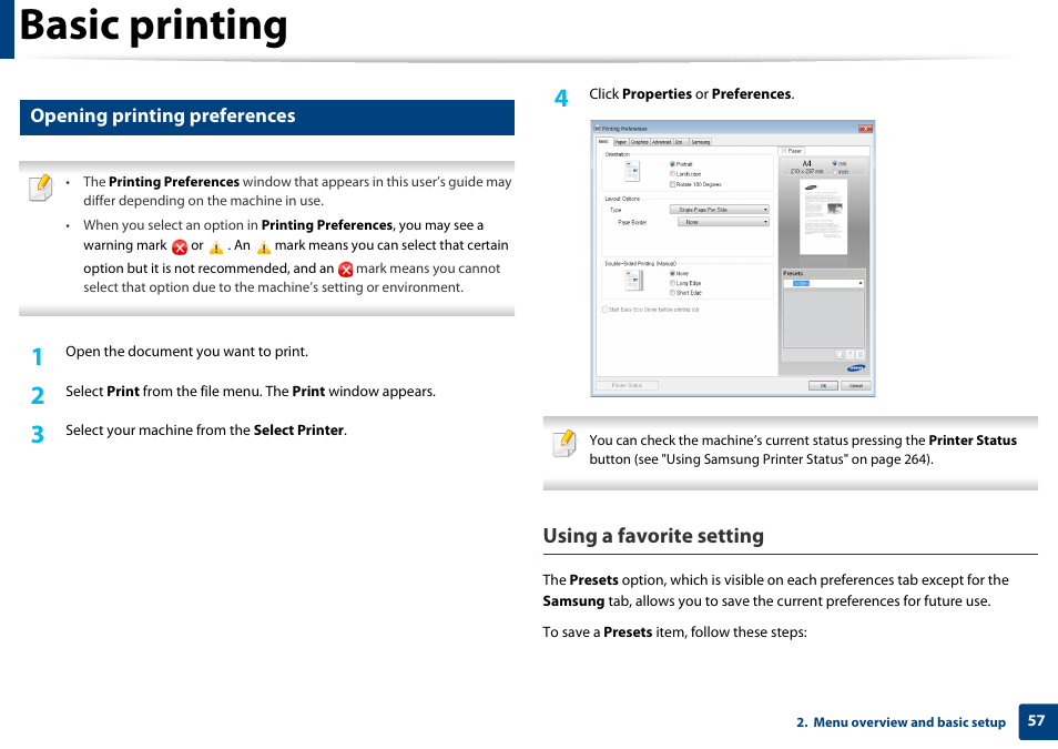 See "opening printing preferences" on, Basic printing, Using a favorite setting | Opening printing preferences | Samsung SCX-4729FW-XAA User Manual | Page 57 / 317