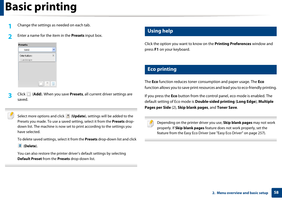 Basic printing, Using help, Eco printing | Samsung SCX-4729FW-XAA User Manual | Page 58 / 317
