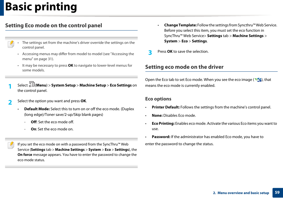 Basic printing, Setting eco mode on the control panel, Setting eco mode on the driver | Samsung SCX-4729FW-XAA User Manual | Page 59 / 317