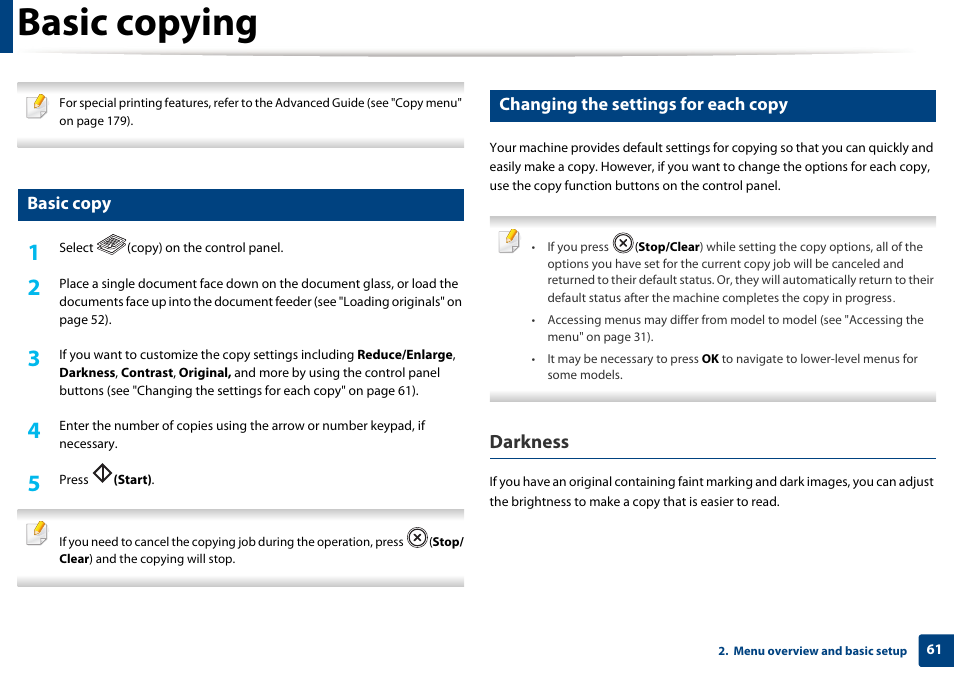 Basic copying, Darkness, Basic copy | Changing the settings for each copy | Samsung SCX-4729FW-XAA User Manual | Page 61 / 317