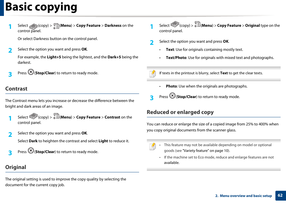 Basic copying, Contrast, Original | Reduced or enlarged copy | Samsung SCX-4729FW-XAA User Manual | Page 62 / 317