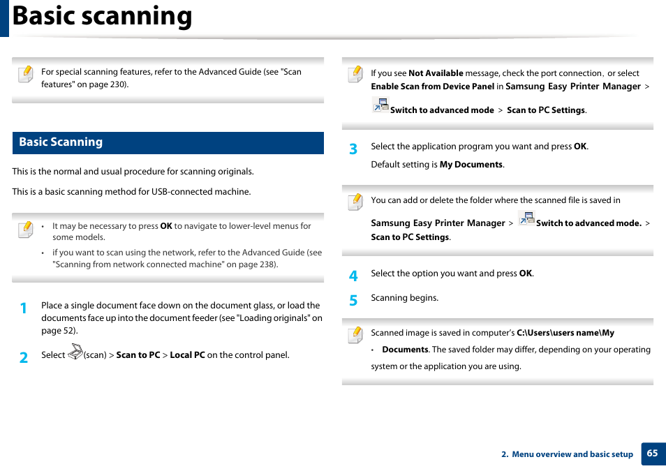 Basic scanning | Samsung SCX-4729FW-XAA User Manual | Page 65 / 317