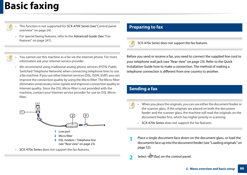 Basic faxing, Preparing to fax, Sending a fax | Samsung SCX-4729FW-XAA User Manual | Page 66 / 317