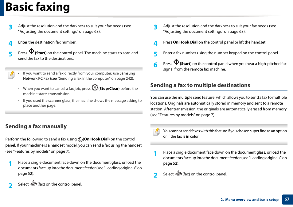 Basic faxing, Sending a fax manually, Sending a fax to multiple destinations | Samsung SCX-4729FW-XAA User Manual | Page 67 / 317
