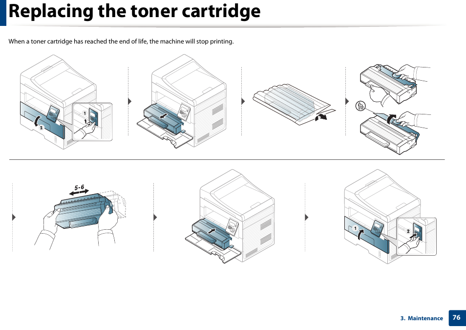 Replacing the toner cartridge | Samsung SCX-4729FW-XAA User Manual | Page 76 / 317