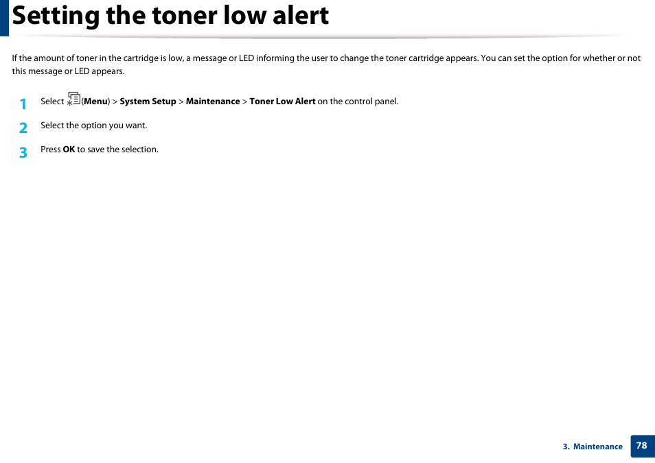 Setting the toner low alert | Samsung SCX-4729FW-XAA User Manual | Page 78 / 317