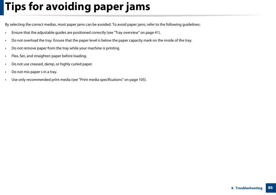 Tips for avoiding paper jams | Samsung SCX-4729FW-XAA User Manual | Page 86 / 317