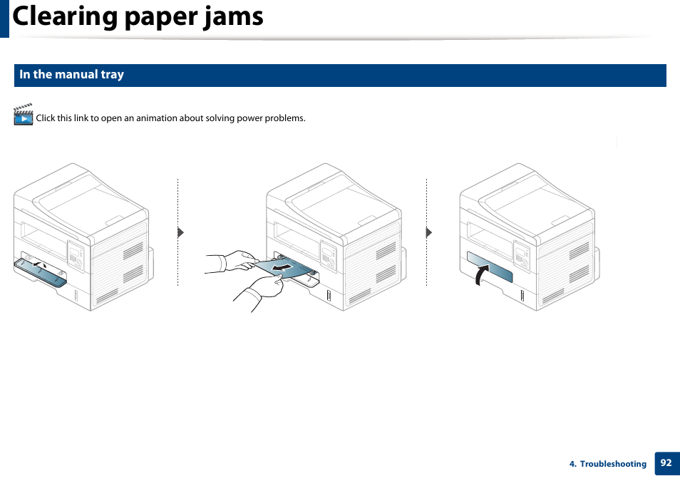 Clearing paper jams | Samsung SCX-4729FW-XAA User Manual | Page 92 / 317