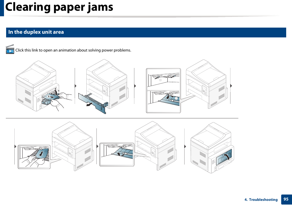 Clearing paper jams | Samsung SCX-4729FW-XAA User Manual | Page 95 / 317