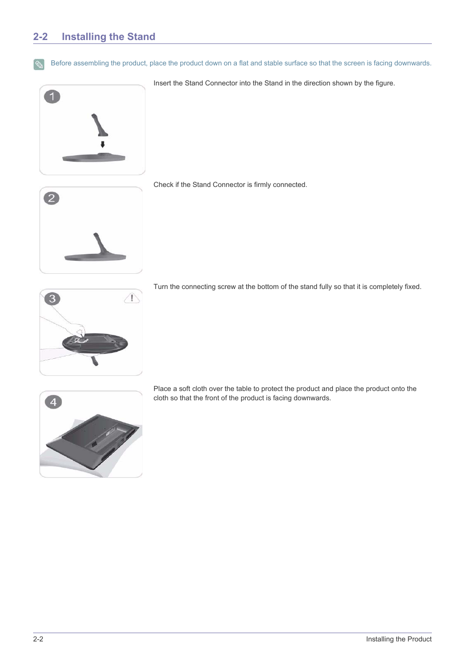 2 installing the stand, Installing the stand -2 | Samsung LS24LRZKUV-ZA User Manual | Page 12 / 44